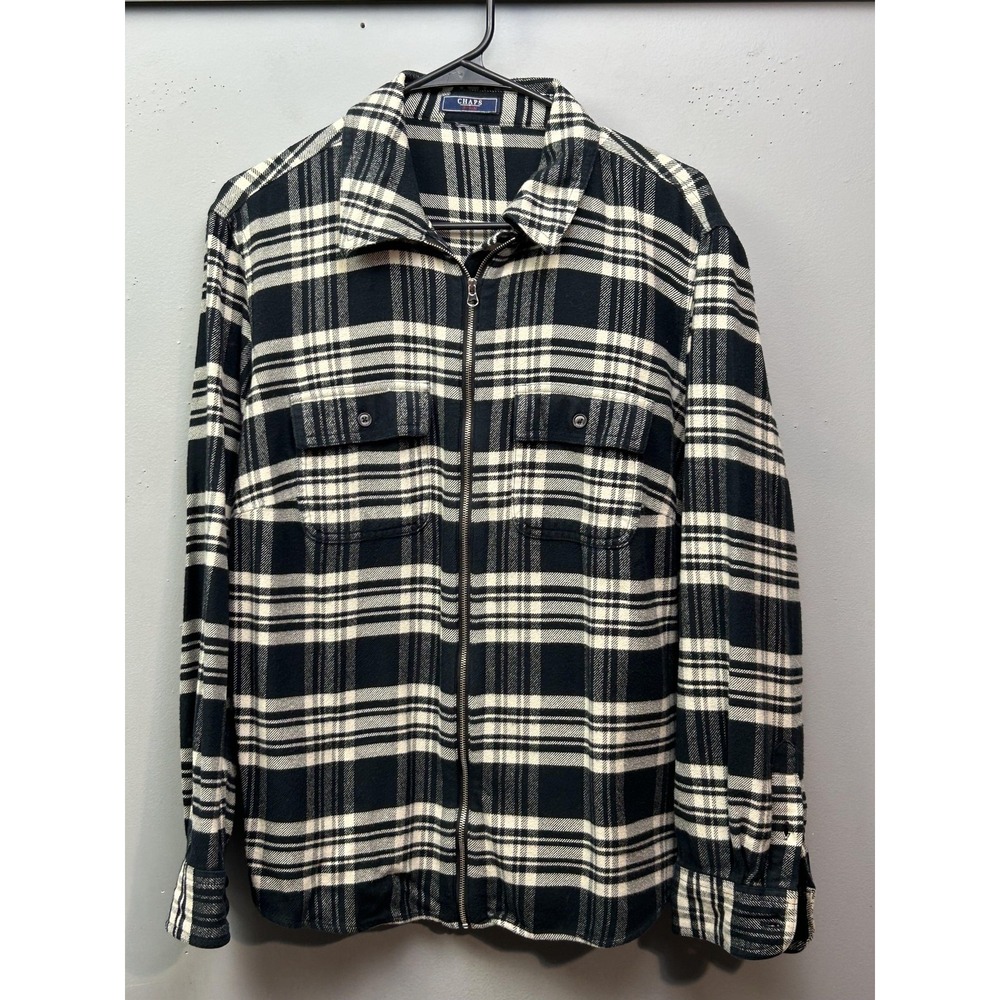 Chaps Denim Jacket Women Medium Black White Plaid Zip Front Shirt Flannel Casual